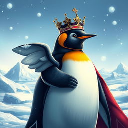A heroic penguin king with a majestic crown, standing nobly with a wing slightly injured, showcasing a strong yet vulnerable demeanor