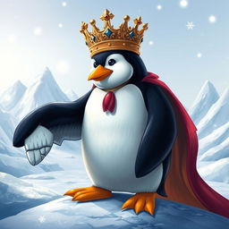 A heroic penguin king with a majestic crown, standing nobly with a wing slightly injured, showcasing a strong yet vulnerable demeanor