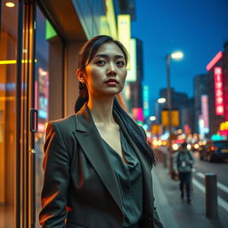 A nighttime cityscape with Rina, a young Asian woman in her late twenties, stepping out of a modern office building