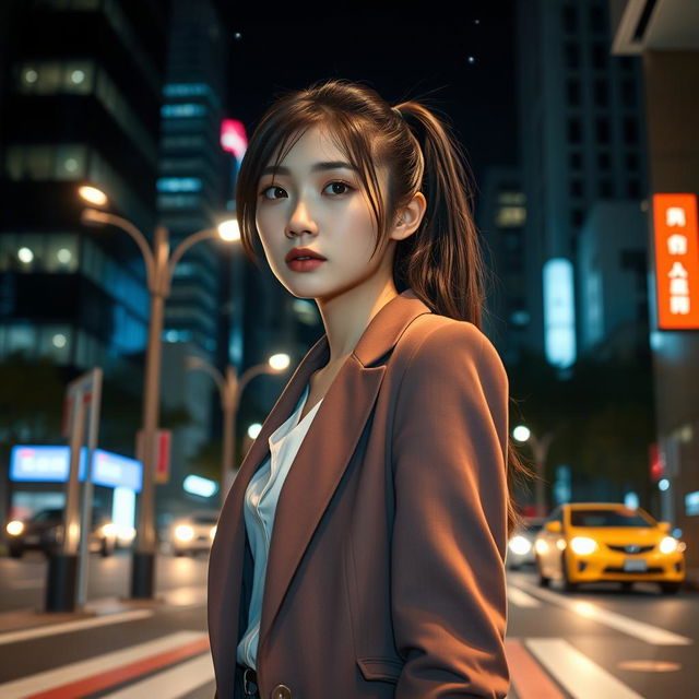 A nighttime cityscape with Rina, a young Asian woman in her late twenties, stepping out of a modern office building