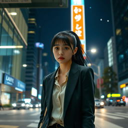 A nighttime cityscape with Rina, a young Asian woman in her late twenties, stepping out of a modern office building