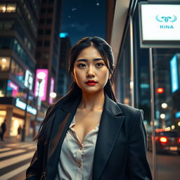 A nighttime cityscape with Rina, a young Asian woman in her late twenties, stepping out of a modern office building