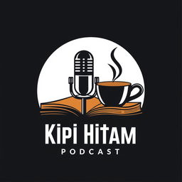 A sleek and modern podcast logo design featuring a microphone, a steaming coffee cup, and an open book to convey a sense of conversation and knowledge sharing