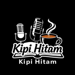 A sleek and modern podcast logo design featuring a microphone, a steaming coffee cup, and an open book to convey a sense of conversation and knowledge sharing