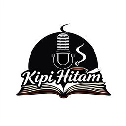 A sleek and modern podcast logo design featuring a microphone, a steaming coffee cup, and an open book to convey a sense of conversation and knowledge sharing
