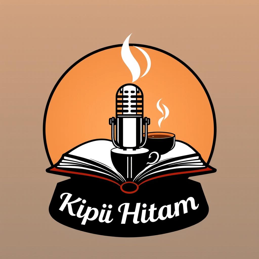 A sleek and modern podcast logo design featuring a microphone, a steaming coffee cup, and an open book to convey a sense of conversation and knowledge sharing