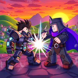 A dynamic scene depicting Roblox characters in an epic battle