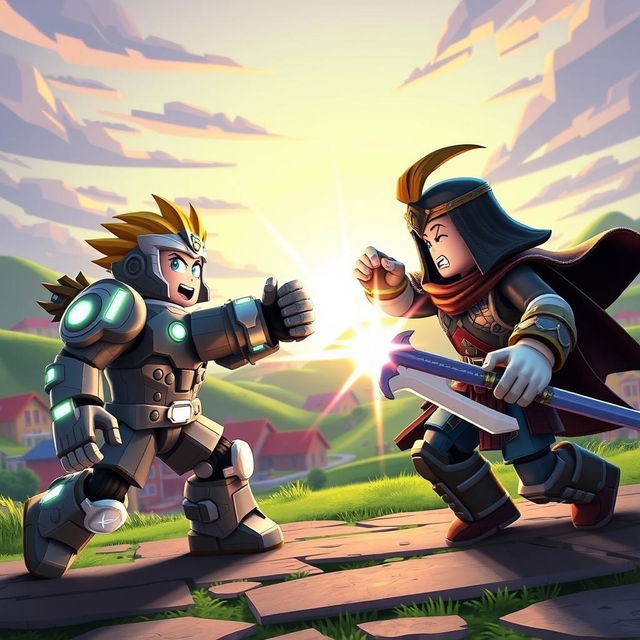 A dynamic scene depicting Roblox characters in an epic battle