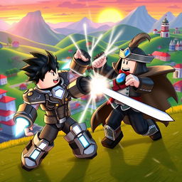 A dynamic scene depicting Roblox characters in an epic battle