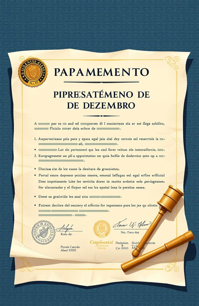 A detailed illustration of a legal document titled 'Pagamento de Precatório de Dezembro', featuring official symbols such as a seal, signatures, and a textured background resembling parchment