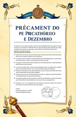 A detailed illustration of a legal document titled 'Pagamento de Precatório de Dezembro', featuring official symbols such as a seal, signatures, and a textured background resembling parchment