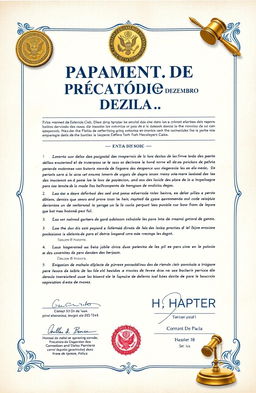 A detailed illustration of a legal document titled 'Pagamento de Precatório de Dezembro', featuring official symbols such as a seal, signatures, and a textured background resembling parchment