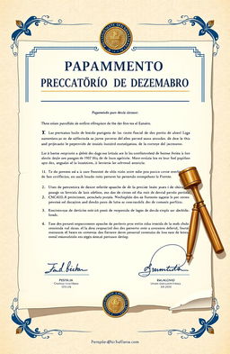 A detailed illustration of a legal document titled 'Pagamento de Precatório de Dezembro', featuring official symbols such as a seal, signatures, and a textured background resembling parchment