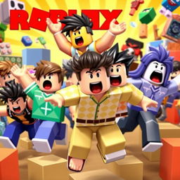 A dynamic scene featuring multiple Roblox characters with exaggerated facial expressions and open mouths, showcasing a variety of fun and colorful outfits typical of the game's aesthetic