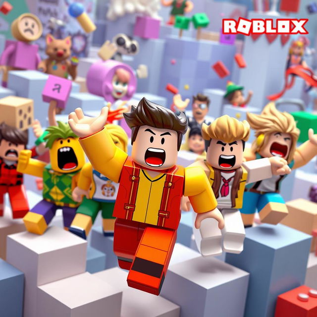 A dynamic scene featuring multiple Roblox characters with exaggerated facial expressions and open mouths, showcasing a variety of fun and colorful outfits typical of the game's aesthetic