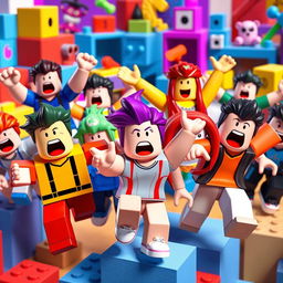 A dynamic scene featuring multiple Roblox characters with exaggerated facial expressions and open mouths, showcasing a variety of fun and colorful outfits typical of the game's aesthetic