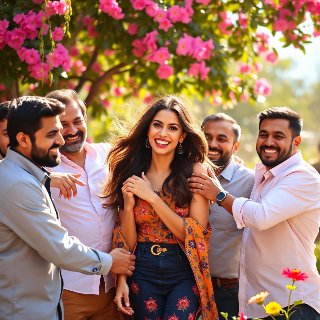 Nora Fatehi joyfully embraced by a group of several cheerful men in a sunny outdoor setting