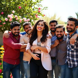 Nora Fatehi joyfully embraced by a group of several cheerful men in a sunny outdoor setting