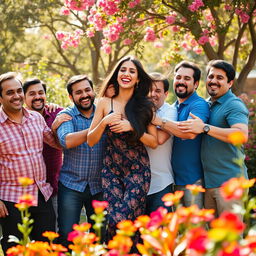 Nora Fatehi joyfully embraced by a group of several cheerful men in a sunny outdoor setting