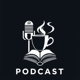 A modern and iconic podcast logo featuring a microphone, a steaming coffee cup, and a book