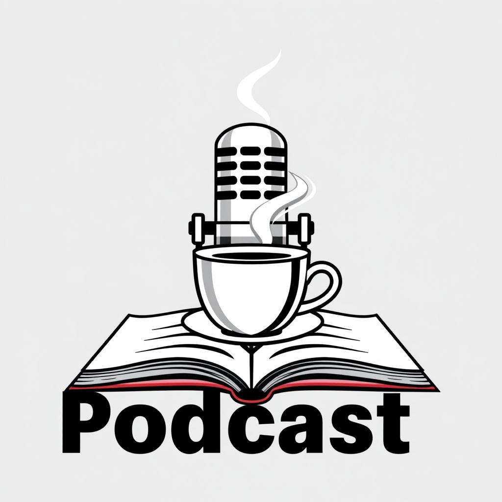 A modern and iconic podcast logo featuring a microphone, a steaming coffee cup, and a book