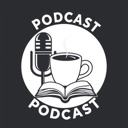 A modern and iconic podcast logo featuring a microphone, a steaming coffee cup, and a book