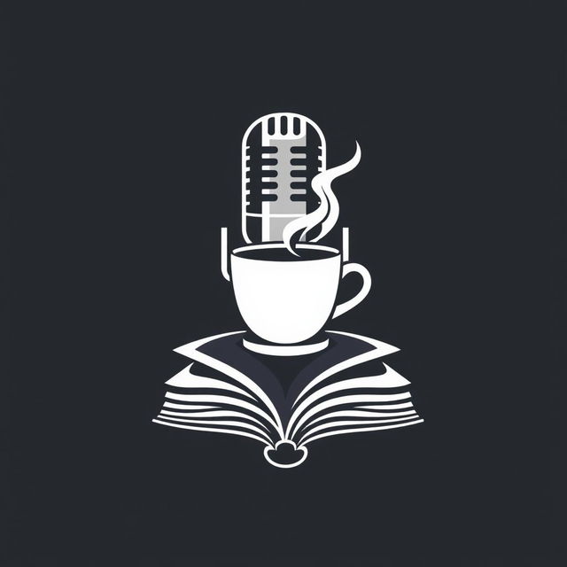 A modern and iconic podcast logo featuring a microphone, a steaming coffee cup, and a book