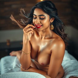 A stunning Indian woman with a delicate bindi and red lips, glistening with oil, giving a luxurious massage