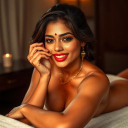 A stunning Indian woman with a delicate bindi and red lips, glistening with oil, giving a luxurious massage