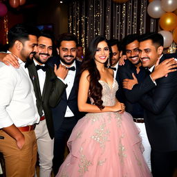 An elegant scene featuring Nora Fatehi, dressed in a stunning evening gown, surrounded by several charming men who are giving her warm embraces