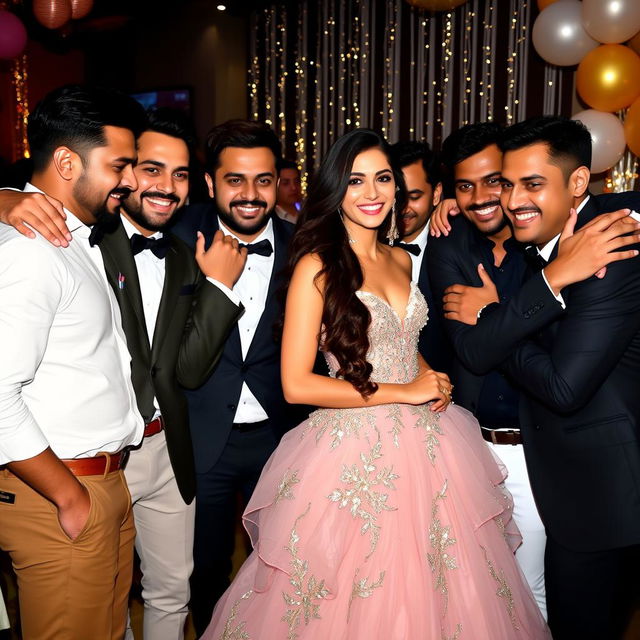 An elegant scene featuring Nora Fatehi, dressed in a stunning evening gown, surrounded by several charming men who are giving her warm embraces