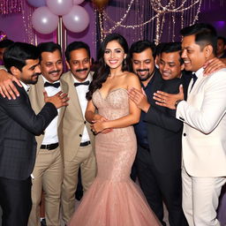 An elegant scene featuring Nora Fatehi, dressed in a stunning evening gown, surrounded by several charming men who are giving her warm embraces