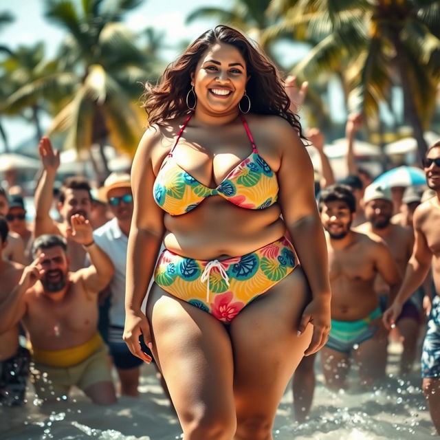 A plus-sized woman confidently wearing a vibrant bikini, surrounded by an enthusiastic crowd of men at a lively beach party