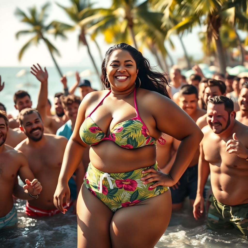 A plus-sized woman confidently wearing a vibrant bikini, surrounded by an enthusiastic crowd of men at a lively beach party