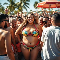 A plus-sized woman confidently wearing a vibrant bikini, surrounded by an enthusiastic crowd of men at a lively beach party