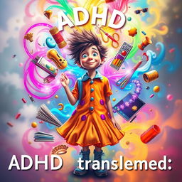 An imaginative representation of 'ADHD transformed,' featuring a vibrant and dynamic scene that symbolizes the unique thought processes and creativity often associated with ADHD