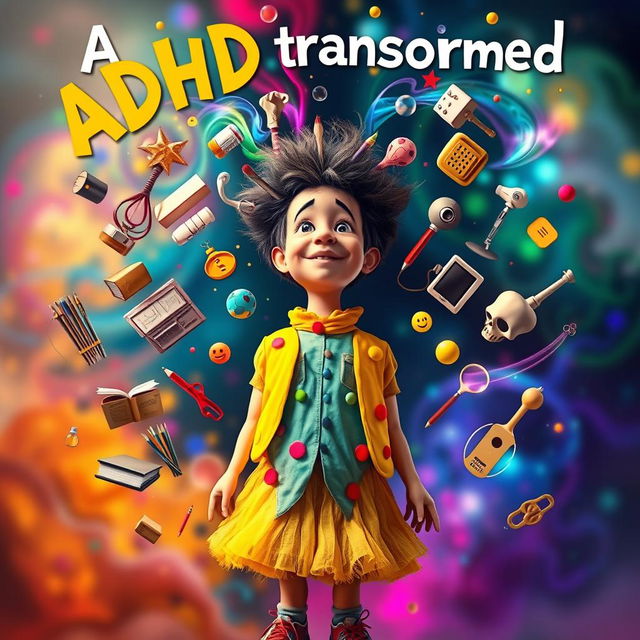 An imaginative representation of 'ADHD transformed,' featuring a vibrant and dynamic scene that symbolizes the unique thought processes and creativity often associated with ADHD