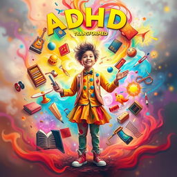 An imaginative representation of 'ADHD transformed,' featuring a vibrant and dynamic scene that symbolizes the unique thought processes and creativity often associated with ADHD