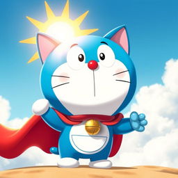 A charming blue robotic cat, Doraemon, wearing a vibrant sun cape that glows with warm colors under sunlight