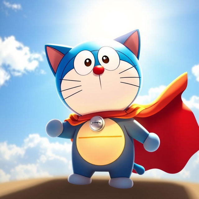 A charming blue robotic cat, Doraemon, wearing a vibrant sun cape that glows with warm colors under sunlight