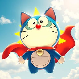 A charming blue robotic cat, Doraemon, wearing a vibrant sun cape that glows with warm colors under sunlight