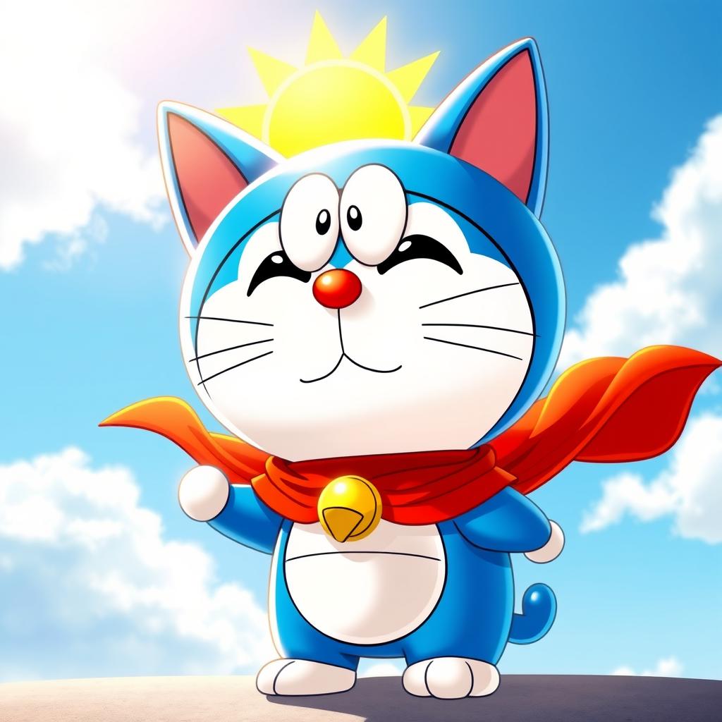 A charming blue robotic cat, Doraemon, wearing a vibrant sun cape that glows with warm colors under sunlight