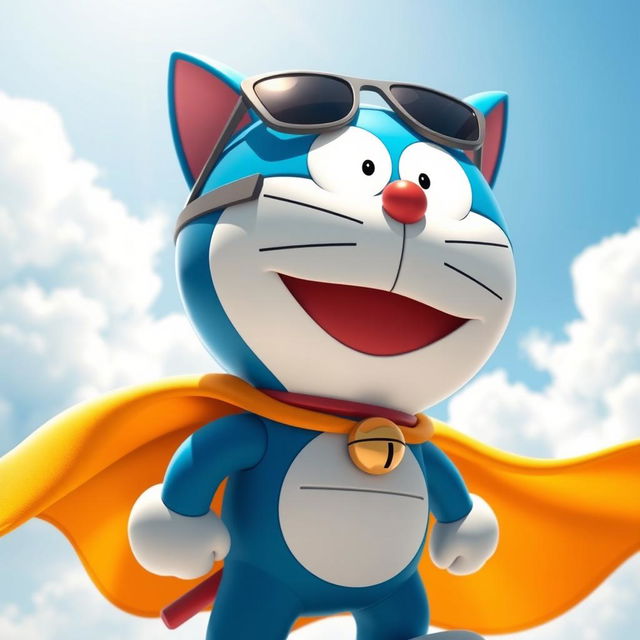 Doraemon, the robotic cat, wearing stylish sunglasses and a vibrant cape that billows dramatically behind him, standing heroically in an adventurous pose