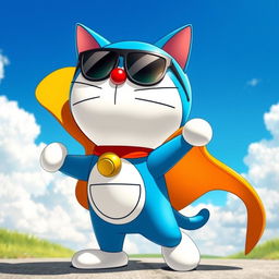 Doraemon, the robotic cat, wearing stylish sunglasses and a vibrant cape that billows dramatically behind him, standing heroically in an adventurous pose