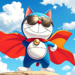 Doraemon, the robotic cat, wearing stylish sunglasses and a vibrant cape that billows dramatically behind him, standing heroically in an adventurous pose