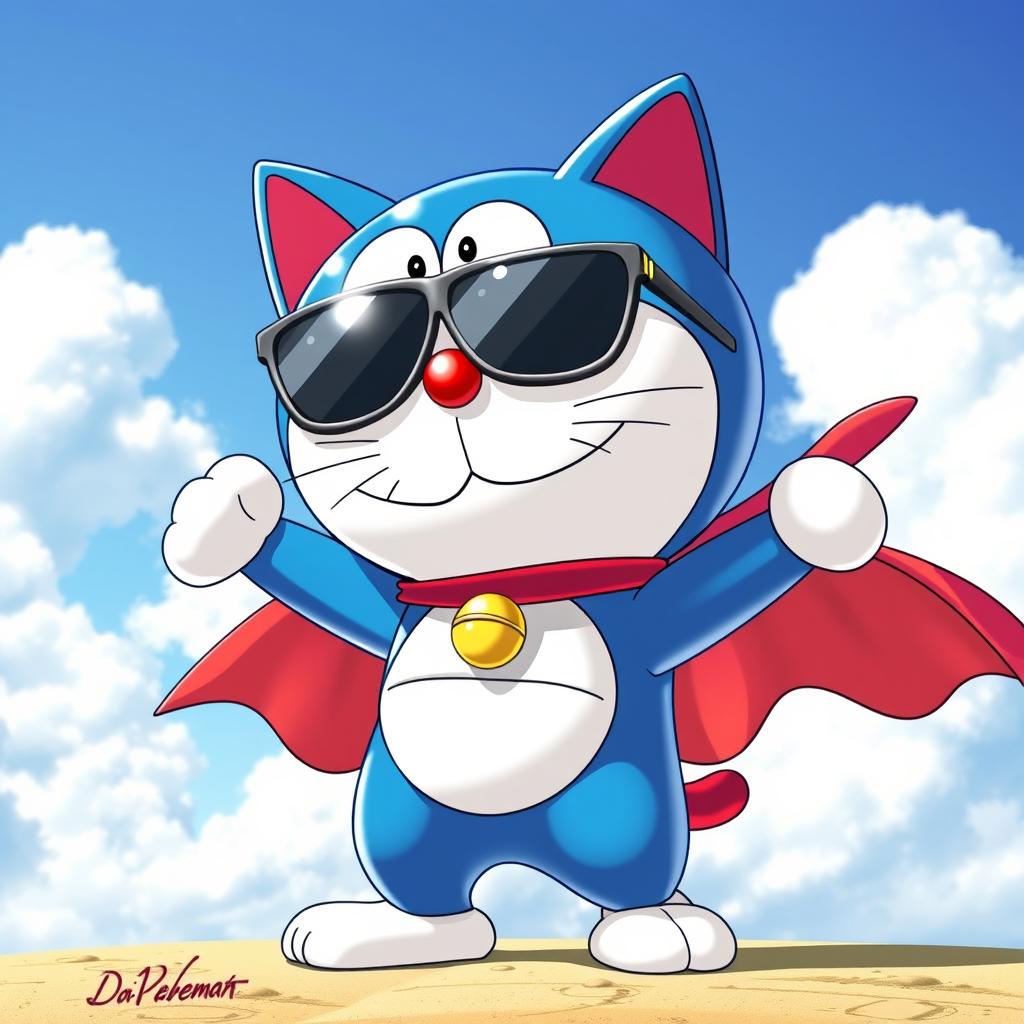 Doraemon, the robotic cat, wearing stylish sunglasses and a vibrant cape that billows dramatically behind him, standing heroically in an adventurous pose