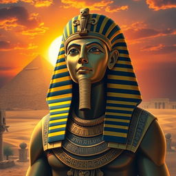 An artistic interpretation of an ancient Egyptian Pharaoh, exuding power and majesty