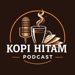 A modern and eye-catching logo that combines a microphone, a steaming glass, and a book creatively integrated together with the title 'KOPI HITAM PODCAST'