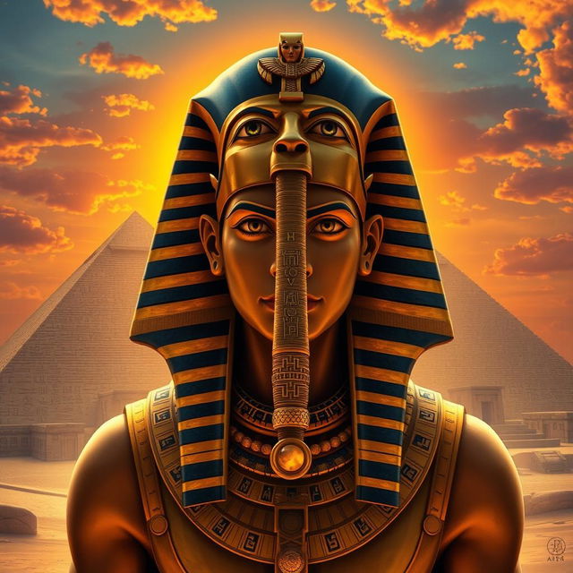 An artistic interpretation of an ancient Egyptian Pharaoh, exuding power and majesty