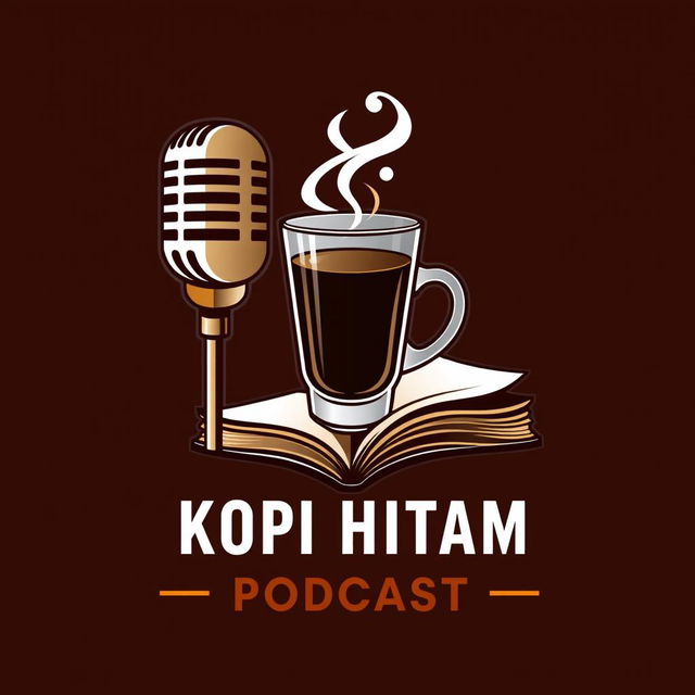 A modern and eye-catching logo that combines a microphone, a steaming glass, and a book creatively integrated together with the title 'KOPI HITAM PODCAST'